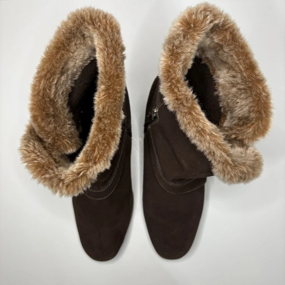 Sporto Womens Nubuck Faux Fur Collar Wedge Ankle Boots Size 9.5M Brown Cozy Boho